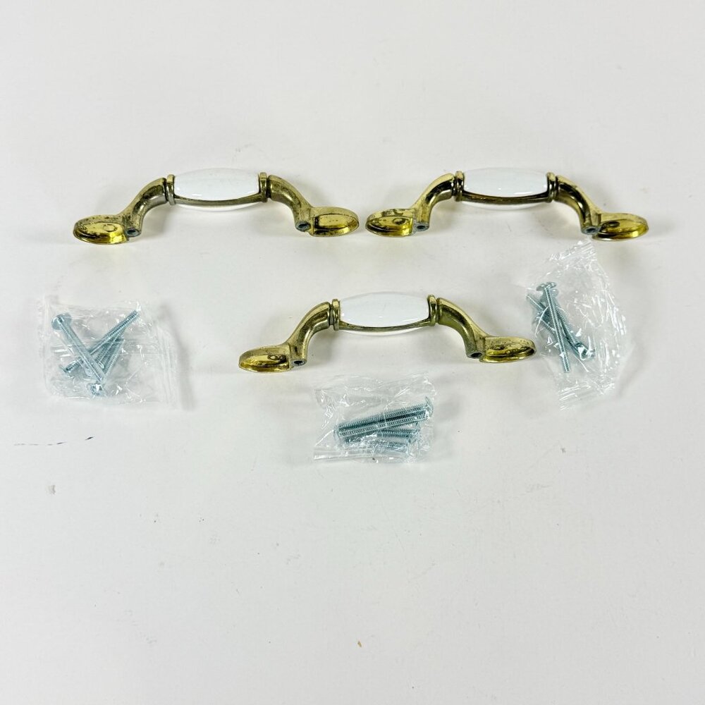 Canada 3 Brass Ceramic Cabinet Drawer Pulls w/ Screws Almond